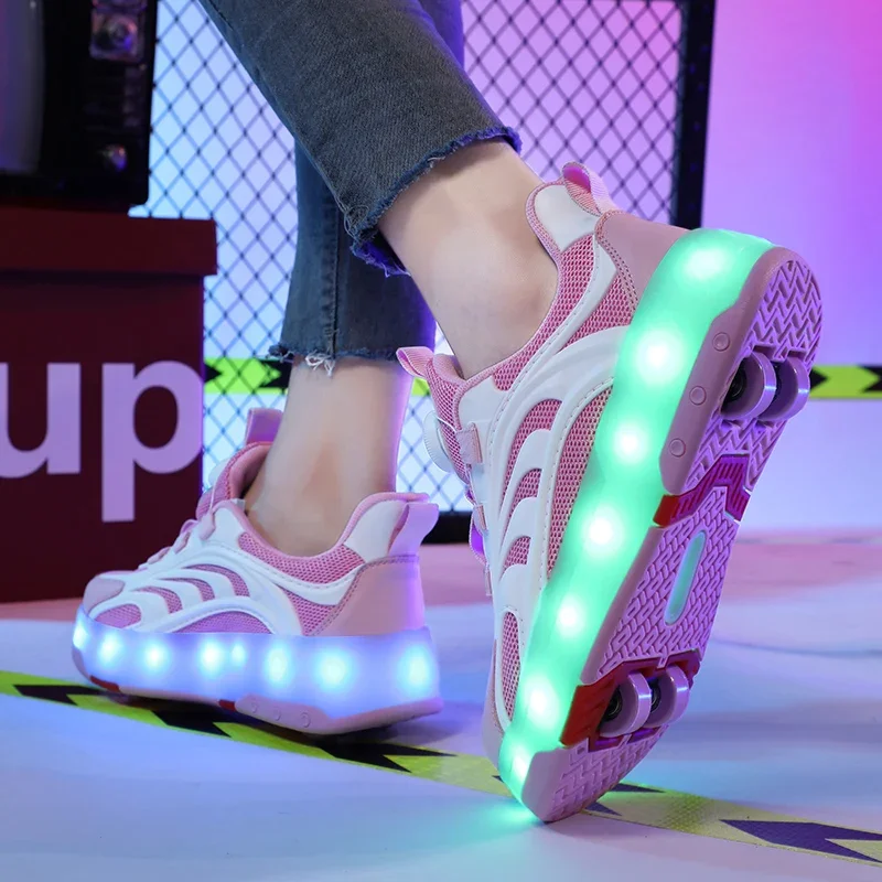 New Pink USB Charging Fashion Girls Boys LED Light Roller Skate Shoes For Children Kids Sneakers With Wheels Four wheels