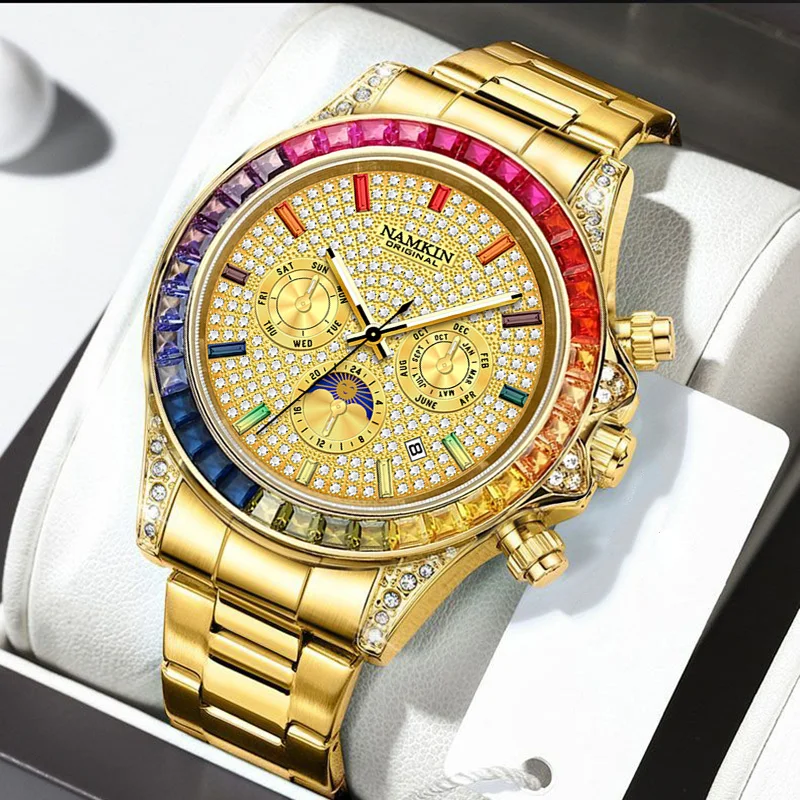 NAMKIN Multifunctional mens mechanical movement rainbow diamond bezel dial stainless steel luxury automatic watches for men