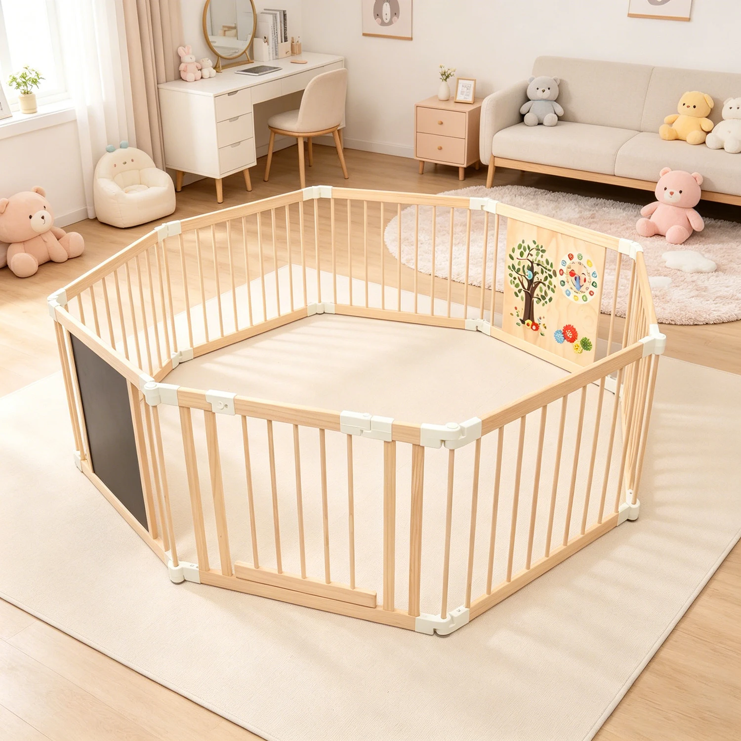 *Hot Sale Modern Kids Learning Playpen Natural Wood Baby Gate Foldable with Chalkboard for Bedroom Safety - view 2