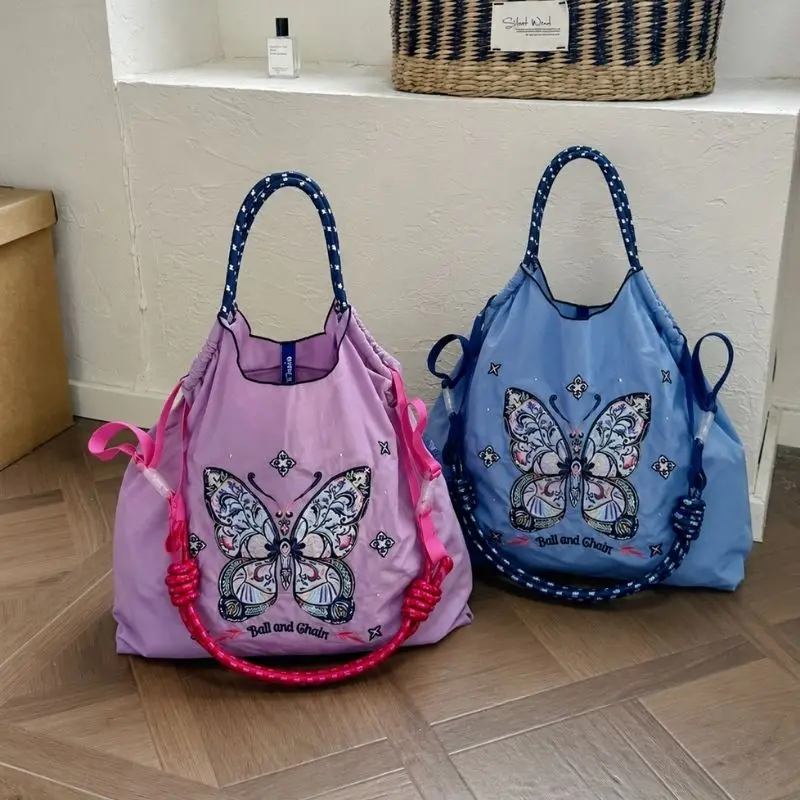 New Style Women's Handbag with Embroidered Butterfly, Bohemian Style, Large Capacity Shoulder Bag, Hand-Held Shopping Bag, Lightweight Foldable Bag for All Seasons - view 3