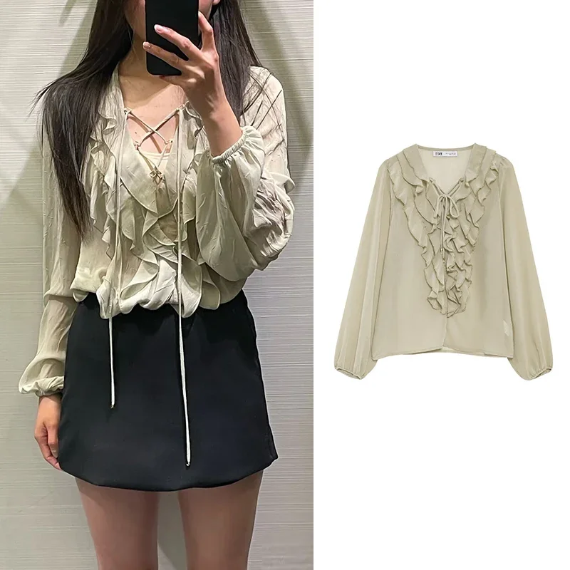 

Women's New Spring Shirts Tops Chic Layered Slim V-neck Thin Elegant Women's Shirts Street Youth Fashion Top
