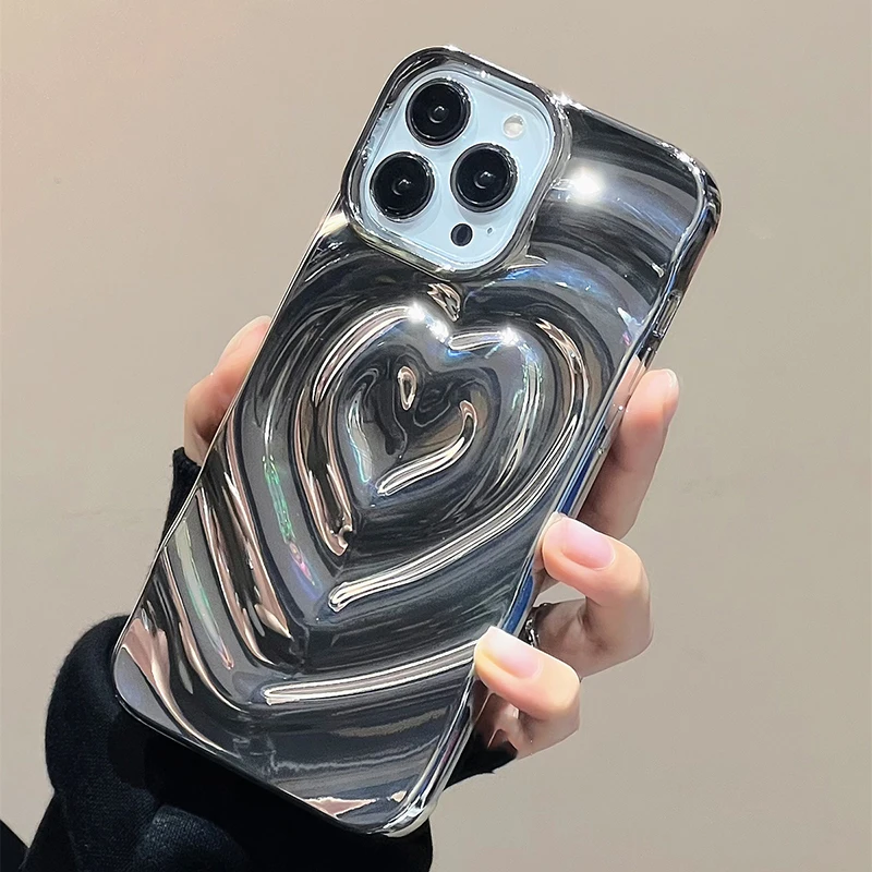 Retro Folds 3D Love Heart Case For iPhone 13 11 12 14 15 Pro Max Luxury Soft Shockproof Cover Bumper