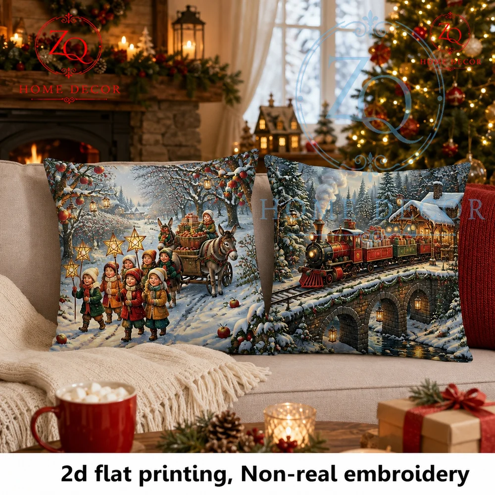 Vintage Christmas Kids  Donkey Cart Throw Pillow Cover Winter Snowy Farmhouse Holiday Cushion Case  Couch Decor