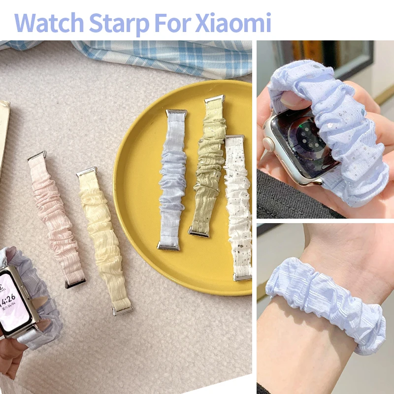 Shiny Chiffon Scrunchie Strap for Miband 10 9 8 8Pro S4 S3 Elastic Fabric Replacement Wristband for Redmi Watch 6 5 4 Watch Band