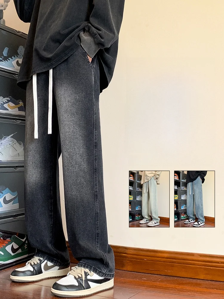 

Black Men's Jeans Straight Leg Oversize Floor-Length Casual Trousers Spring Autumn New Style American High Street Fashion