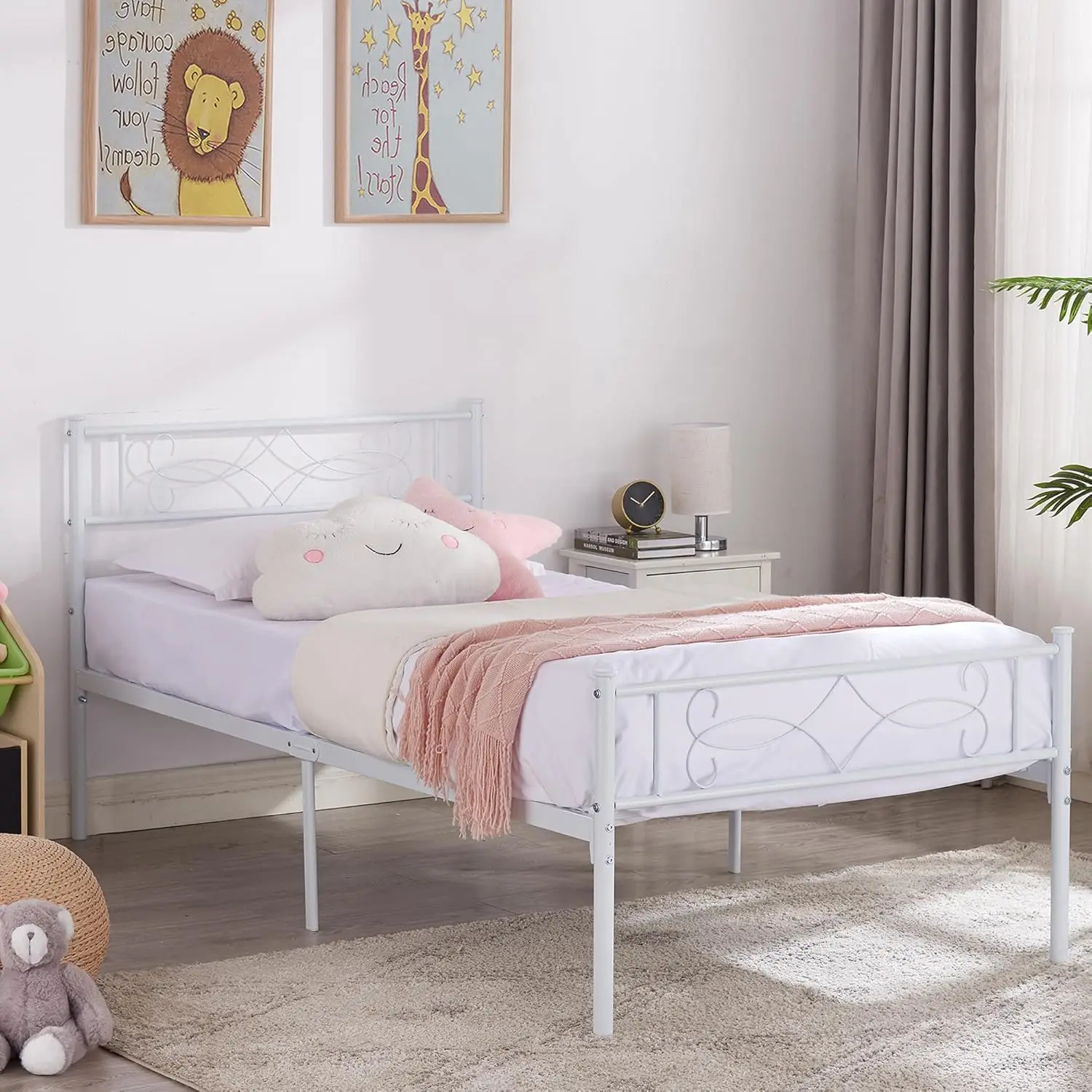 

14-дюймовый двойной белый металлический каркас кровати на платформе с изголовьем для детей, опора из стальных планок премиум-класса/без коробчатой пружины