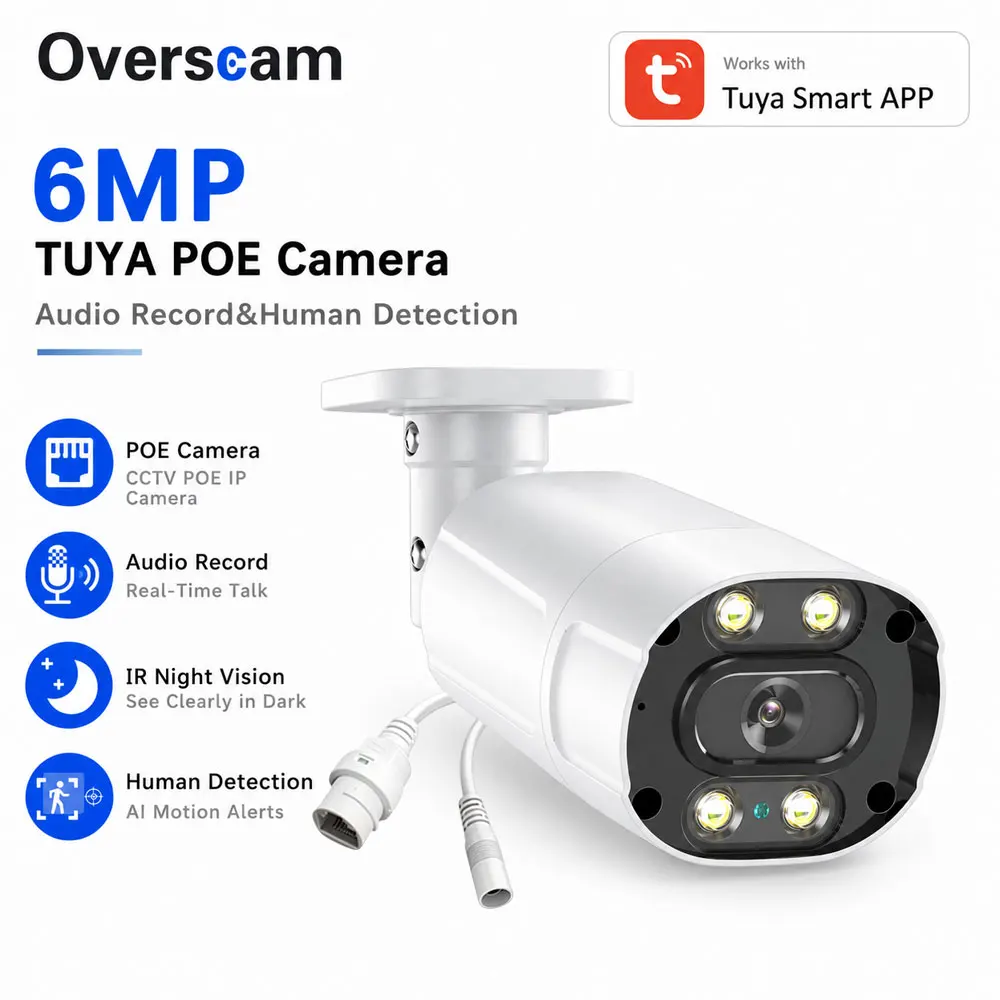 6MP Tuya Smart PoE Camera Outdoor IP Bullet Security Camera Human Detection Audio Recording IR Night Vision Home CCTV Camera NVR