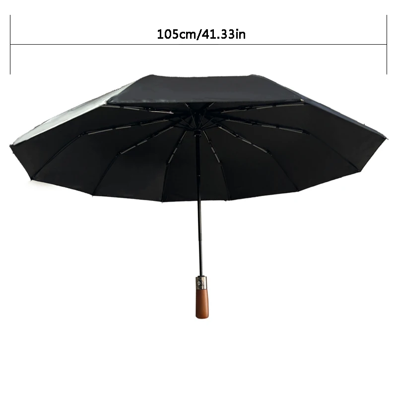 Red leaf Men Business Style Automatic  Folding Rain and Sunshade Anti-UV Umbrella Wood handle Black glue coating Big umbrella