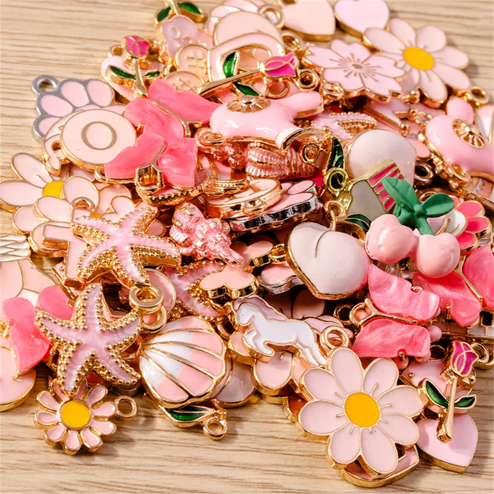 Tusember Mix, 10 Stück, Charms, Serie in Pink, Emaille-Anhänger mit Tier- und Blumenmotiven, zum Basteln von Schmuck, handgefertigte Schmuckaccessoires. – Detail 3
