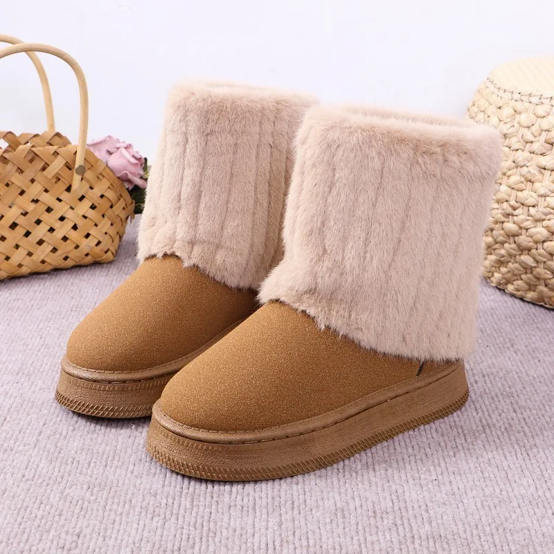 Winter New Thick Sole Cotton Boots Women's Round Head Suede Sleeve Fleece Non-slip Comfortable Short Snow Boots