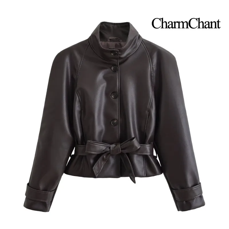 CHARMCHANT Women's Faux Leather Jacket Coat Outerwear Stand Collar Bow Belt Peplum Hem Cropped Top Casual Daily Autumn 2026