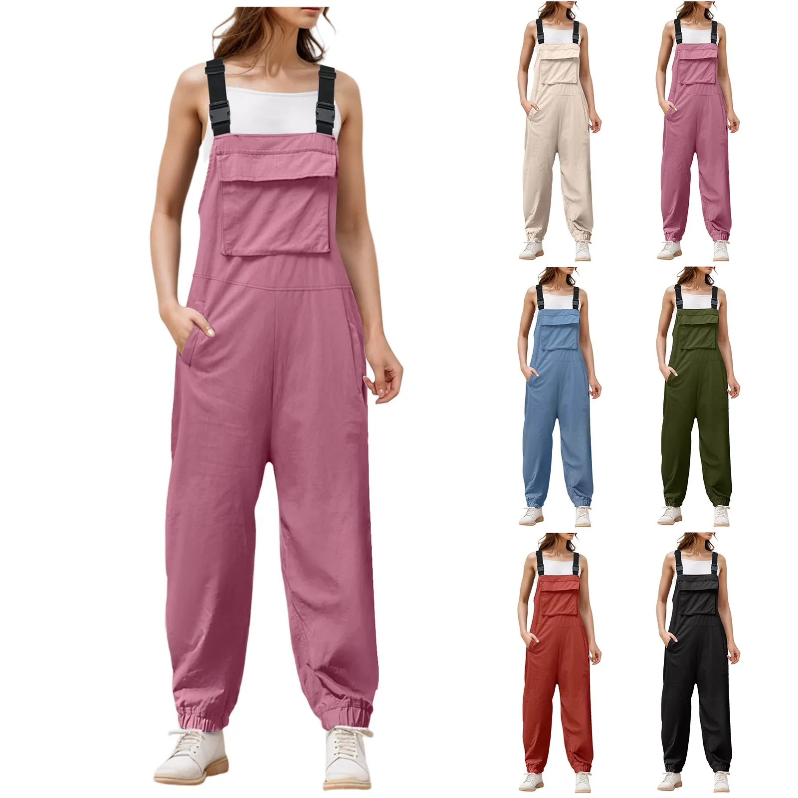 Women's Sleeveless Overalls Jumpsuit Casual Loose Adjustable Straps Bib Long Pant Jumpsuits With Pockets Womens Long Rompers