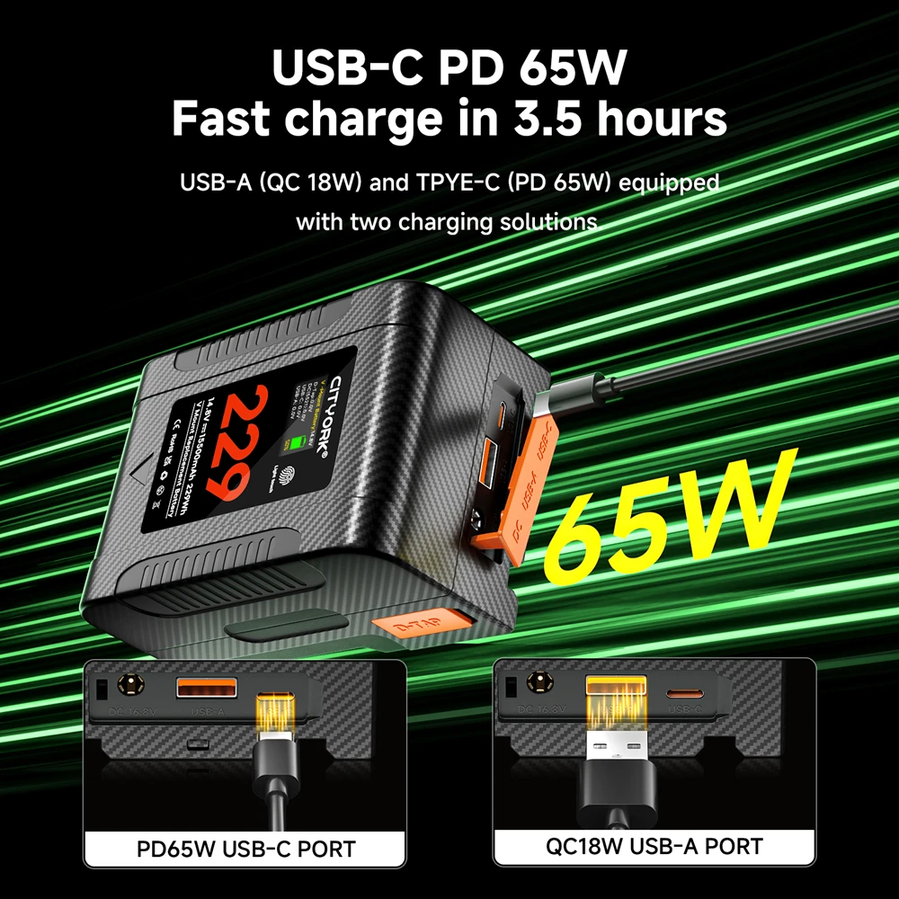 NEW V-Lock BP-229 V Mount Battery With PD 65W Fast Charging with Oled digital display for Sony Camcorder Broadcast Video Light