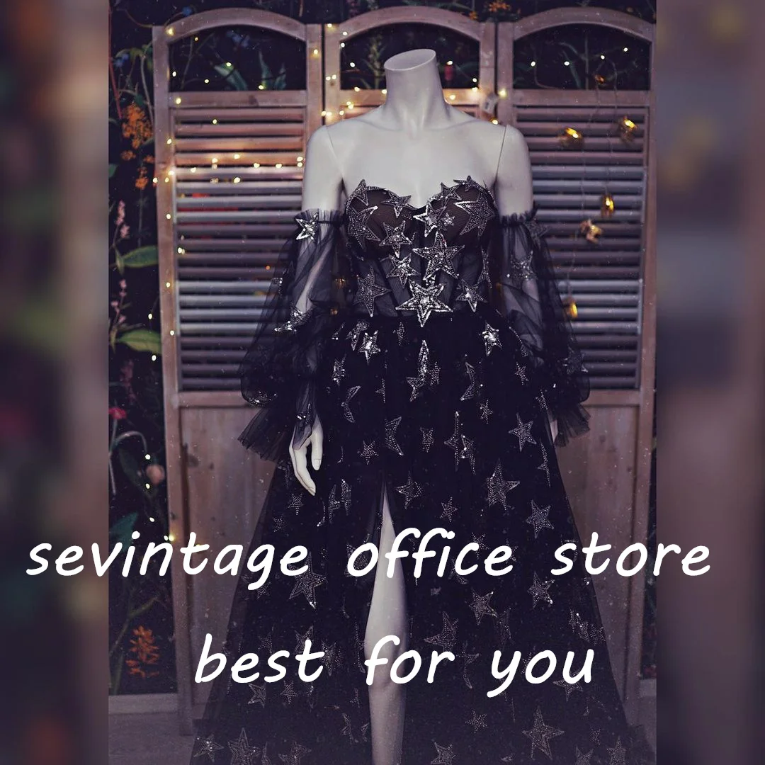 Sevintage Black Starry Tulle Prom Dresses Sweetheart Puff Sleeves Pleat Ruched A-Line Evening Gowns Formal Party Dress 2023