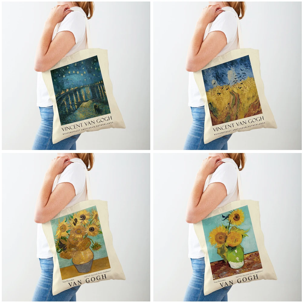 Bolso de compras de Van Gogh para mujer, bolsa de mano con estampado doble de jarrón, noche de cinco tarros, girasol, favismo, a la moda, de dibujos