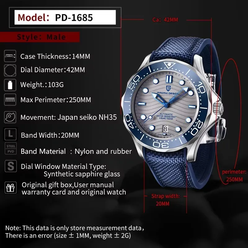 PAGANI DESIGN Mechanical Men\'s Watches Blue Gray Dial  Brand 2024 New Nylon Sapphire Glass Sport Waterproof Male Clock