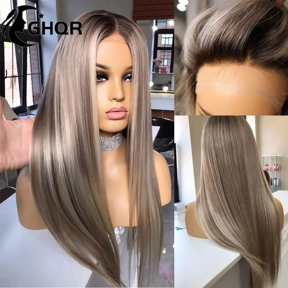 Peluca de cabello humano con raíces oscuras, postizo de encaje Frontal 360 rubio ceniza, 613 colores, liso, transparente, predesplumada