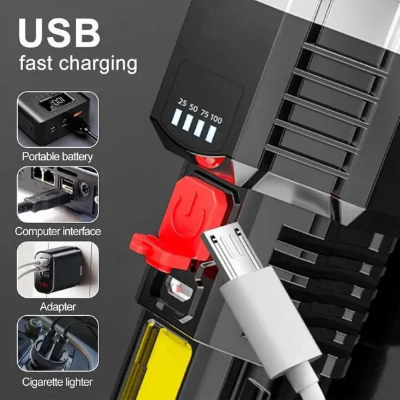 5 LED USB مصباح يدوي قابل لإعادة الشحن COB الجانب ضوء عرض الطاقة المحمولة 4 طرق المشاعل مقاوم للماء للتخييم في الهواء الطلق الصيد