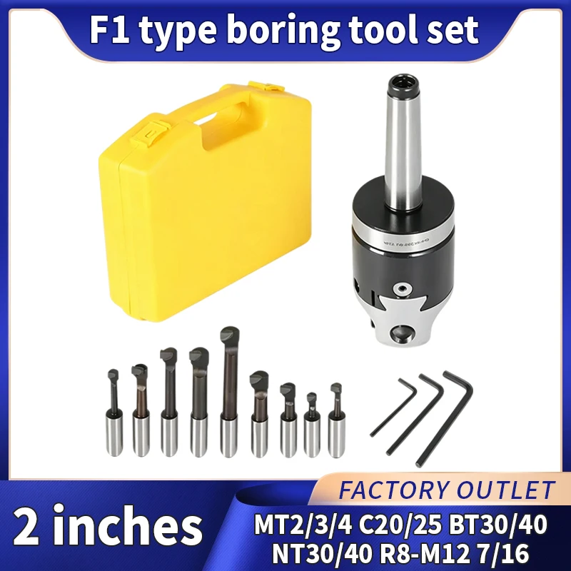 A Set MT2 MT3 MT4 C20 C25 BT30 BT40 NT30 NT40 R8 M10 M12 M16 + F1 2 Inch 50 Boring Head 12mm Boring Bar for Milling F1