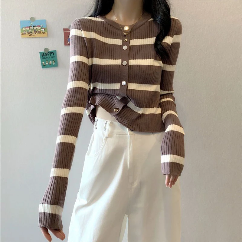 Striped Cardigan For Women 2023 Korean Sweater O Neck Long Sleeve Knit Cardigan High Street Top Coat Slim Tricot Y2K Outerwear