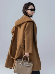 2024 High-End Camel Wool Ladies Hooded Coat Autumn and Winter New Double-Sided Woolen Wool Overcoat Fashion Bathrobe Cardigan