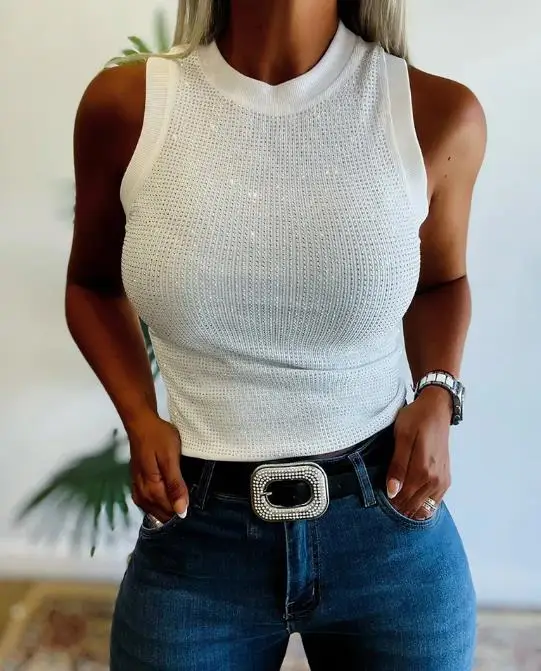 

Women's Vest Rhinestone Decor O-Neck Sleeveless Knit Tee Slim Fit Tank Top Street Fashion Retro Casual Vest Spicy Girl Sexy Vest