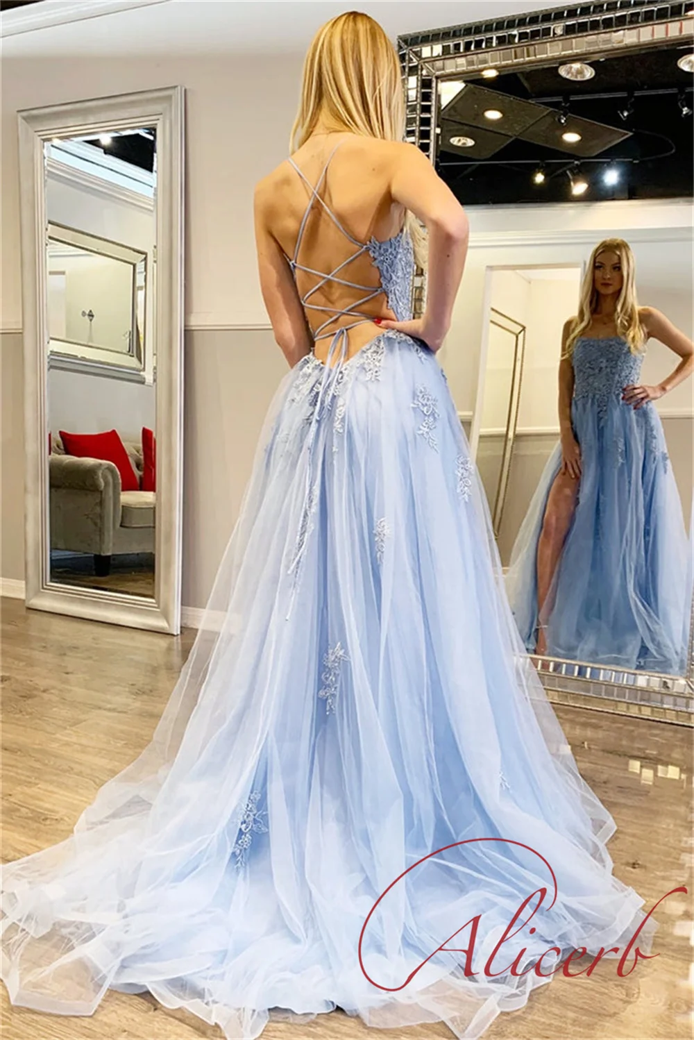 Alicerb 2022 a linha de luz céu azul vestidos de noite rendas apliques tule aberto volta varredura trem sem mangas baile formal festa vestidos