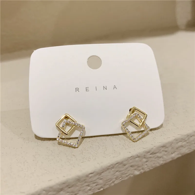 Trendy Korean Fashion Double Layer Hollow Square Stud Earrings For Women Crystal Gold Color Metal Geometric Hollow Jewelry