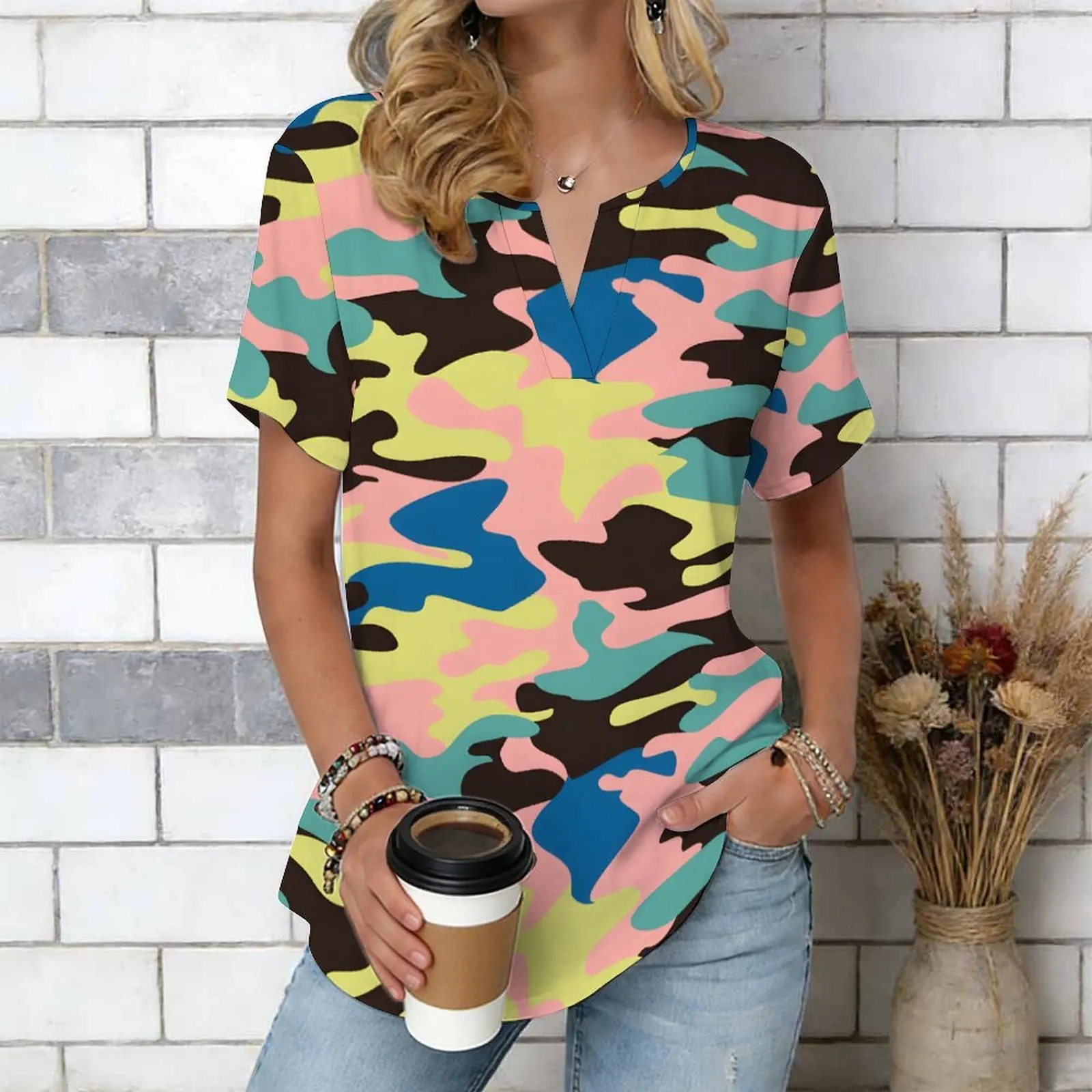 Women Print Notched V Neck Short Sleeve Casual Loose Tunic Tops