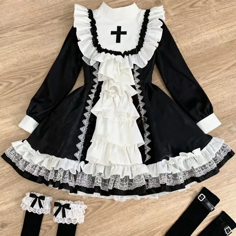 Y2k Gothic Vintage Langarm Kleid Lolita Süße Tiered Prinzessin Stil Frauen Casual Kawaii Japanischen Retro Solide 2025, Herbst