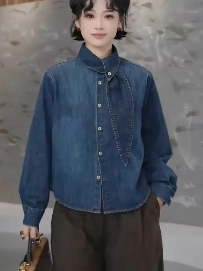 

Утепленная флисовая джинсовая рубашка с воротником-стойкой и поясом, женская, зимняя, универсальная, с эффектом высокого качества, с длинным рукавом, на пуговицах