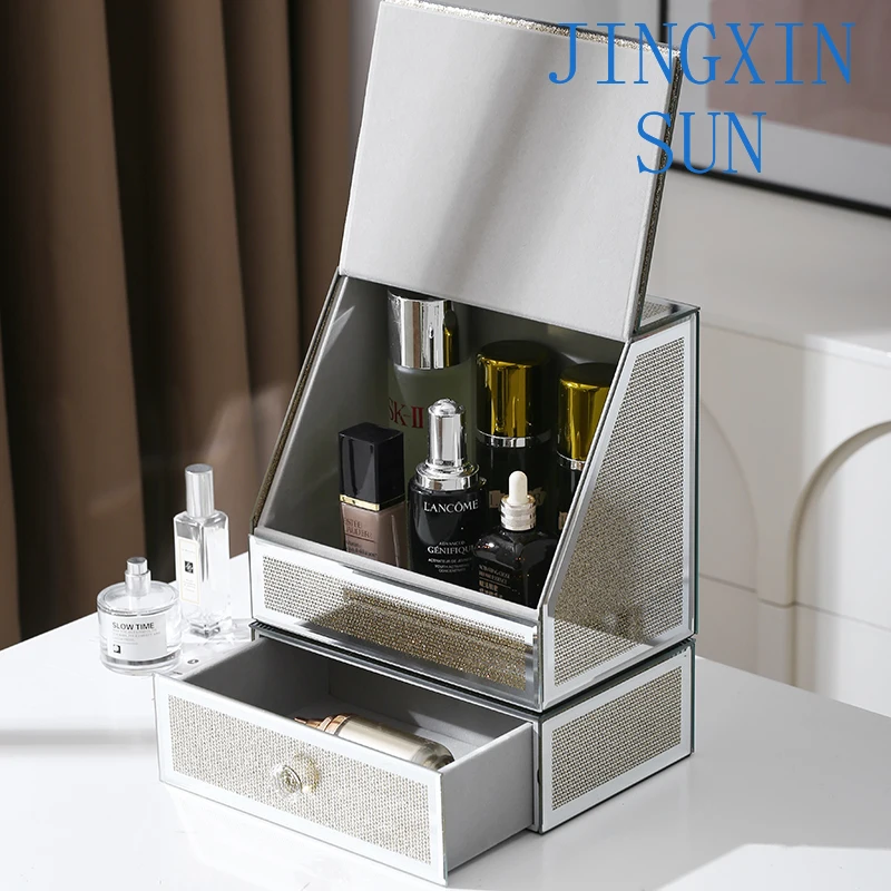 Gold glass cosmetic storage box, dust-proof desktop, can be stacked with large-capacity shelves, dresser, dark finishing