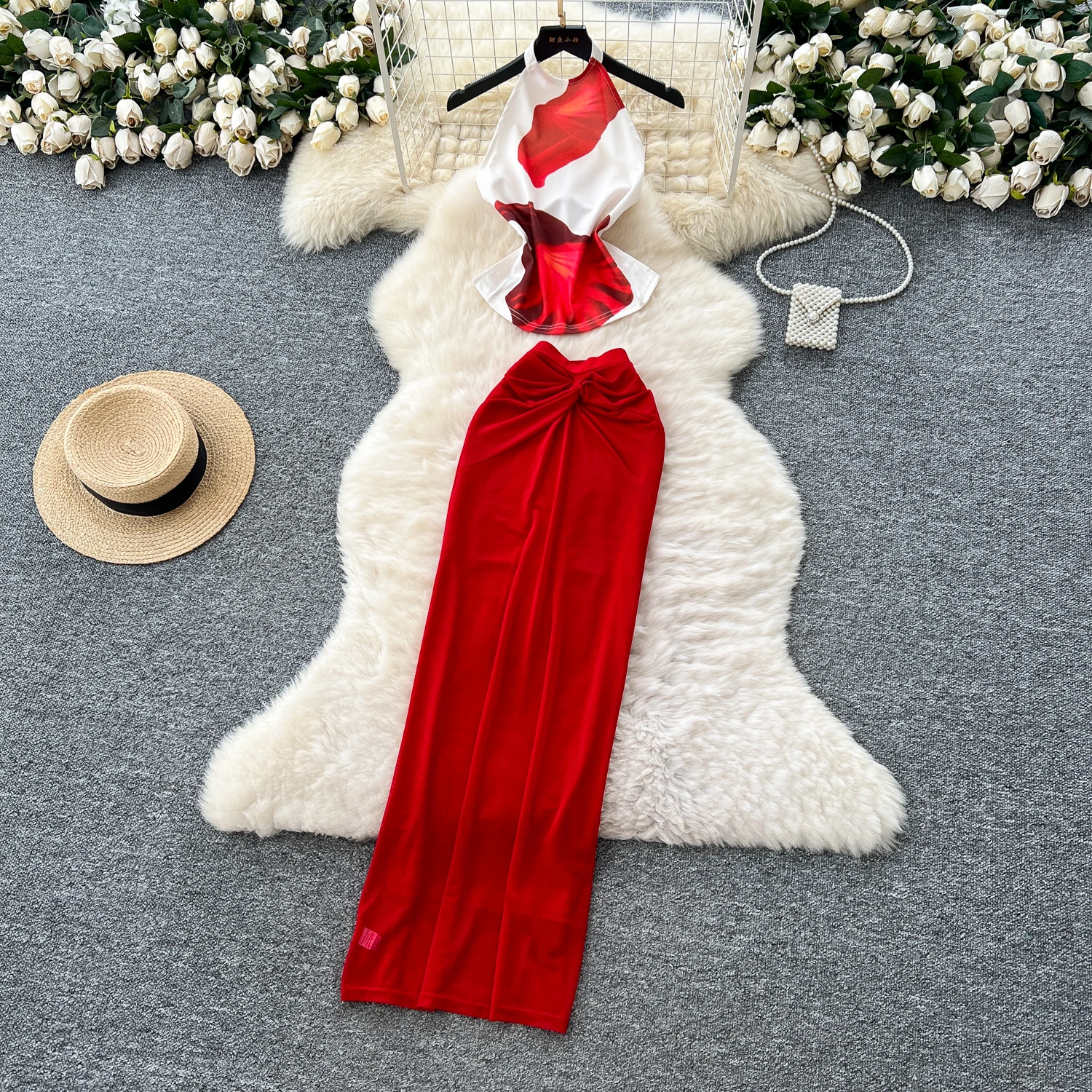 

Vintage sexy print sleeveless halter hollow out pencil dress Chic fairycore Vestidos Vacation women clothing Two Piece Set