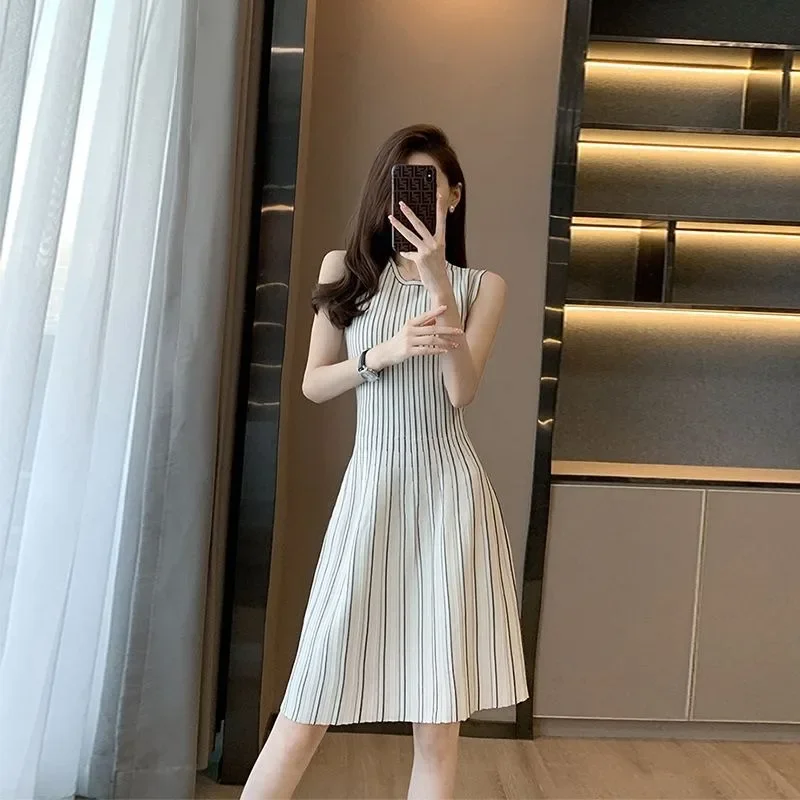 Women\'s Dress Sleeveless Crochet Female Dresses Knitted Beach Holiday Soft Black New in Loose Elegant and Beautiful Vintage Y2k