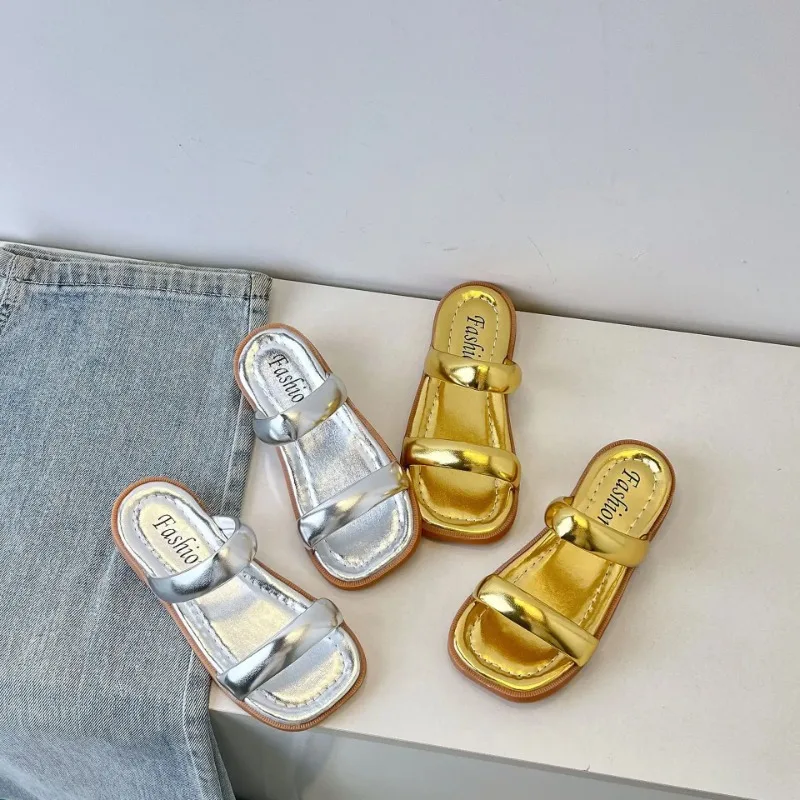 

Trendy Children's Sandals Girls Summer Shoes Silver Slip-On Slippers Casual Beach Footwear Rubber Children Slippers