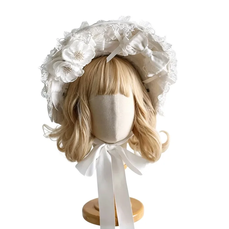 White Lace Lolita BNT Bonnet Vintage Victorian Floral Ruffle Bowknot Ribbons Headwear for Girls Women Tea Party Lolita Headband