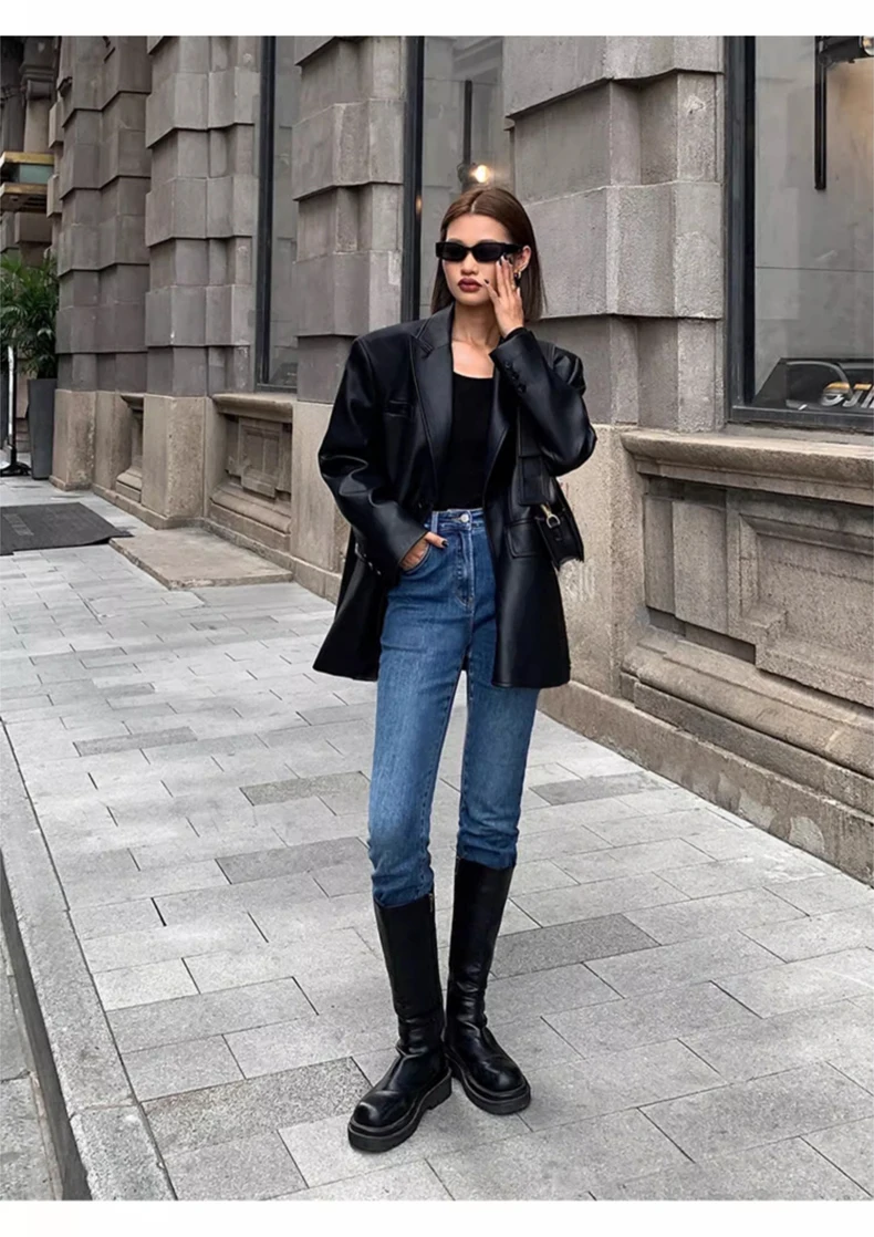 Lautaro Autumn Black Brown Soft  Pu Leather Blazer Women Shoulder Pads Long Sleeve Single Breasted Loose Casual Korean Fashion