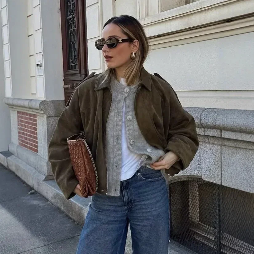 Women Vintage Coat Chic Casual Faux Suede Bomber Jacket Cropped Oversized Blouson Collared Coat Outerwear куртка женская