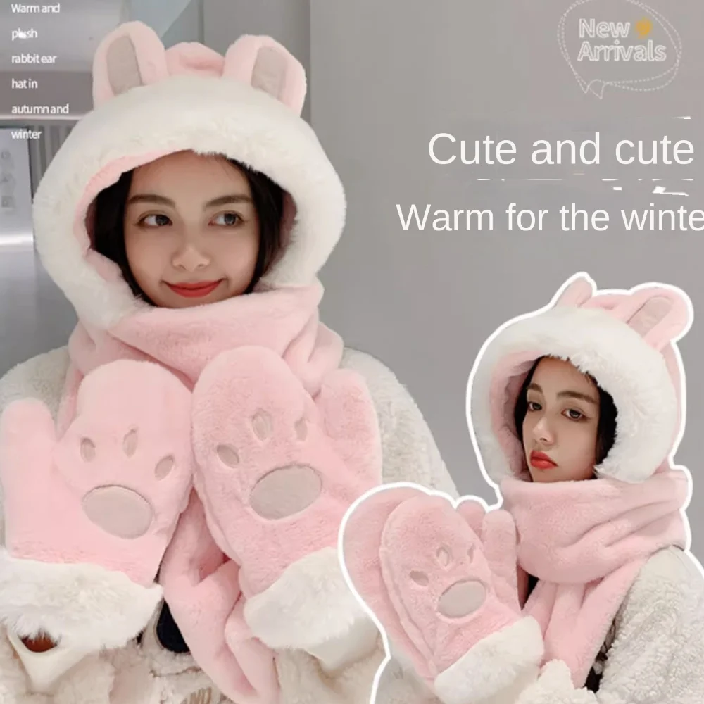 Integrierte Mütze in Hasenohrform, Schal, Handschuhe, winddicht, weicher Plüsch, Beanie-Mütze, Schal, warme Verdickung, Gehörschutz-Kappe für Damen
