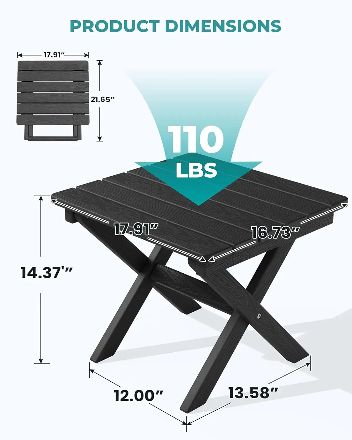 طاولة جانبية قابلة للطي للاستخدام الخارجي، طاولة جانبية Adirondack Hdpe، طاولة نهاية خارجية محمولة، باللون الأسود