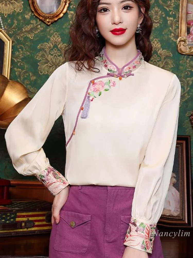 

New Chinese National Style Button-down Long-sleeved Shirt Women's 2024 Early Autumn New Temperament Embroidery Chiffon Blouse