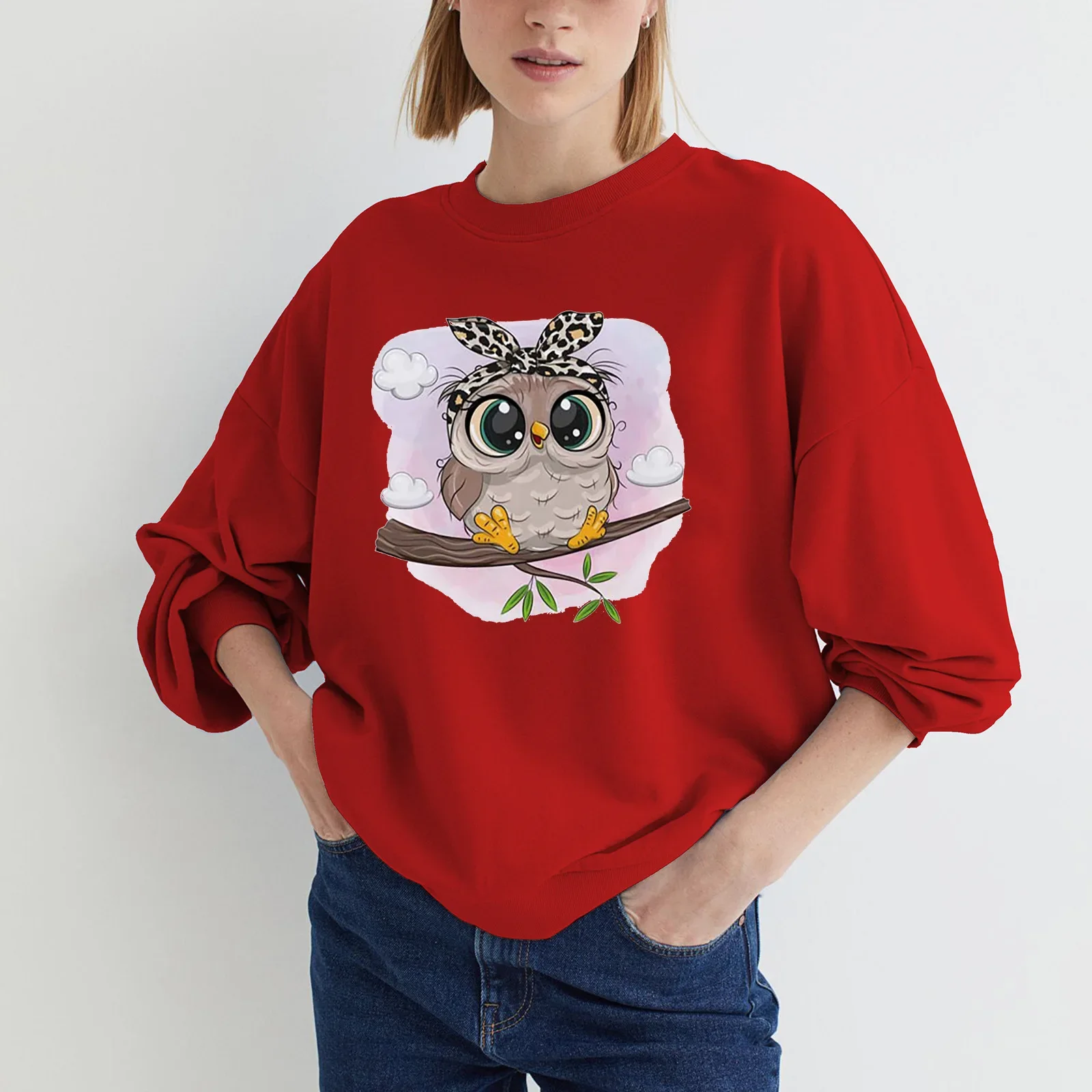 

New Women's Cashmere Cartoon Owl Print Crew-neck Hoodie with Long Sleeves Sweatshirt Harajuku Oversized Anime Hoodies