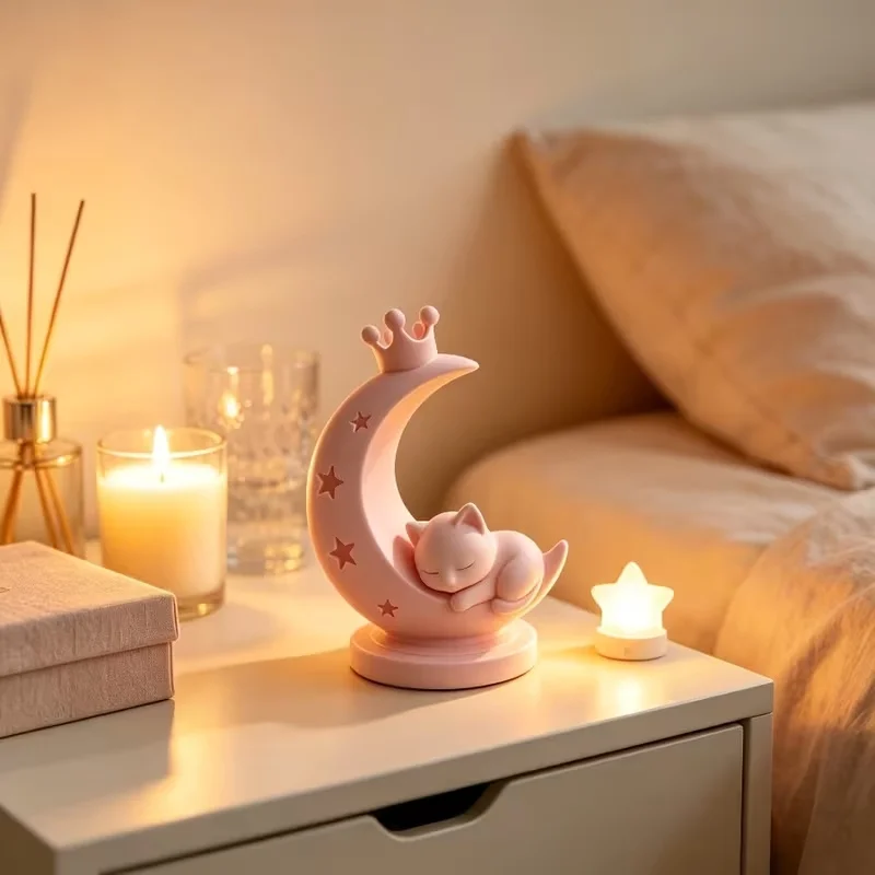 3D Printed Pink Moon Crown Sleeping Cat Resin Figurine Star Crescent Kitty Desk Decor Mini Sculpture