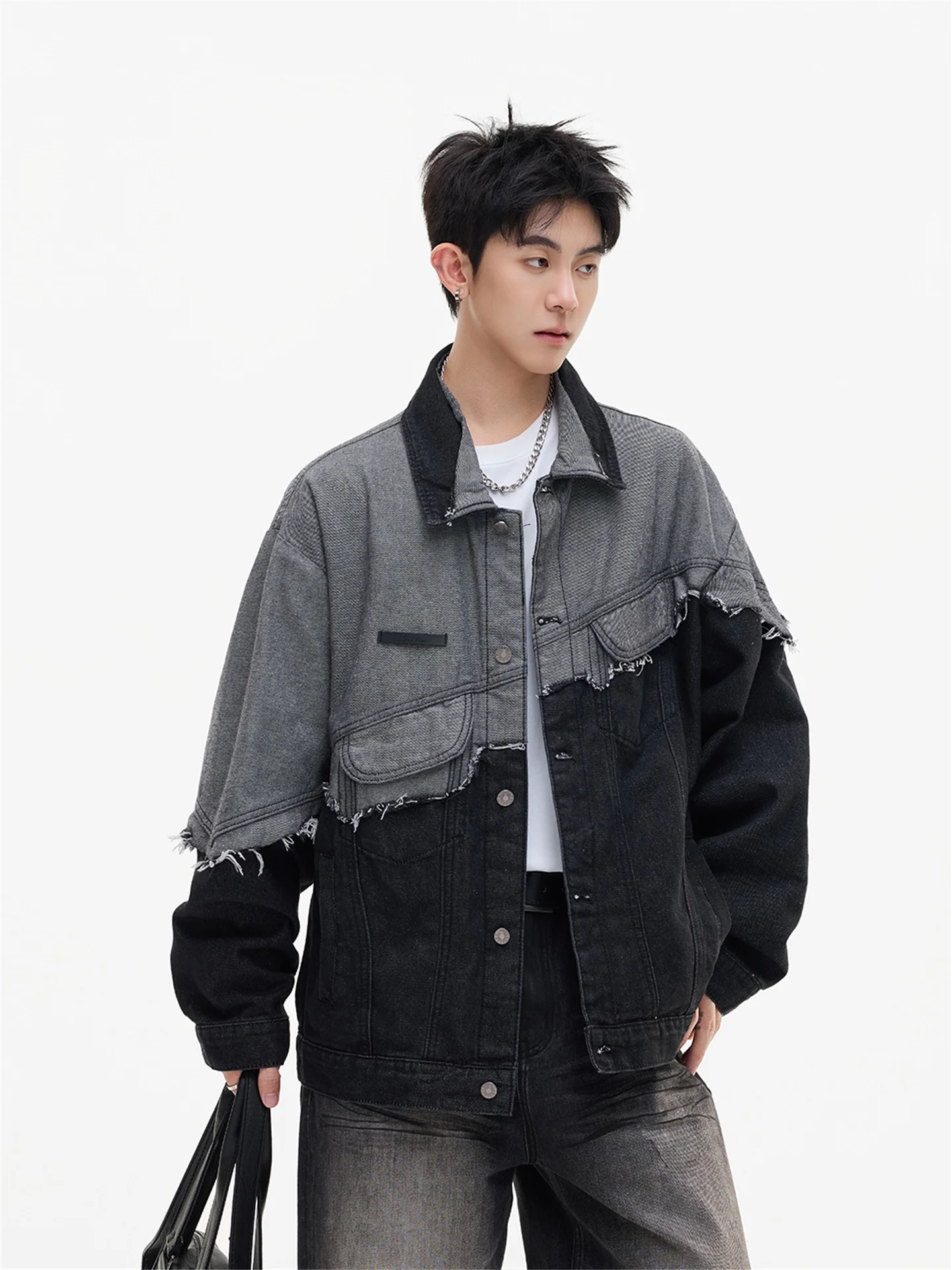 

Trendy Color Blo Retro Patchwork Men's Denim Jaet Casual Flip Collar Jaet Youth Wear Resistant Spring Autumn Outerwear