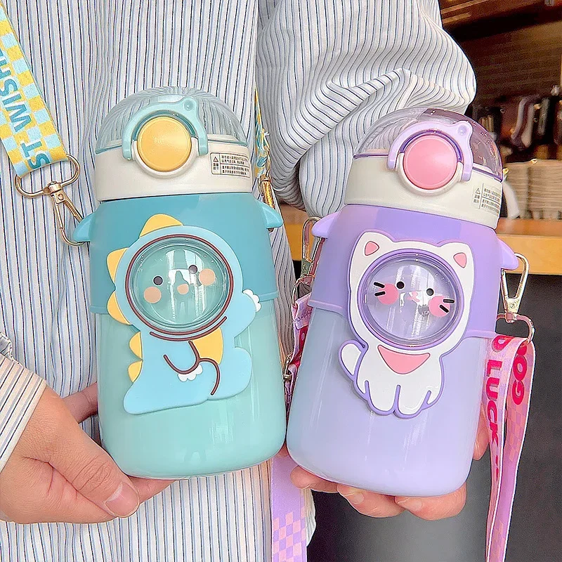 Portable Cute Water Bottle Insulated Cup Children Straw Thermal Tumbler Cartoon Thermos 316 Stainless Steel Vacuum Flasks Girls