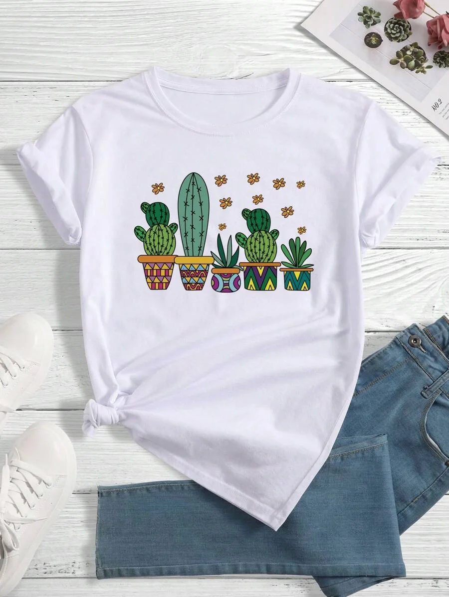 

Plus - Size White Short - Sleeve Tee with Colorful Cactus & Flower Pot Print