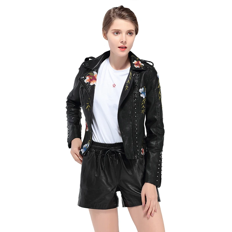 Fitaylor Women Faux PU Leather Jacket Lady High Street Motorcycle Leather Jacket Casual Floral Embroidery Rivet Coat