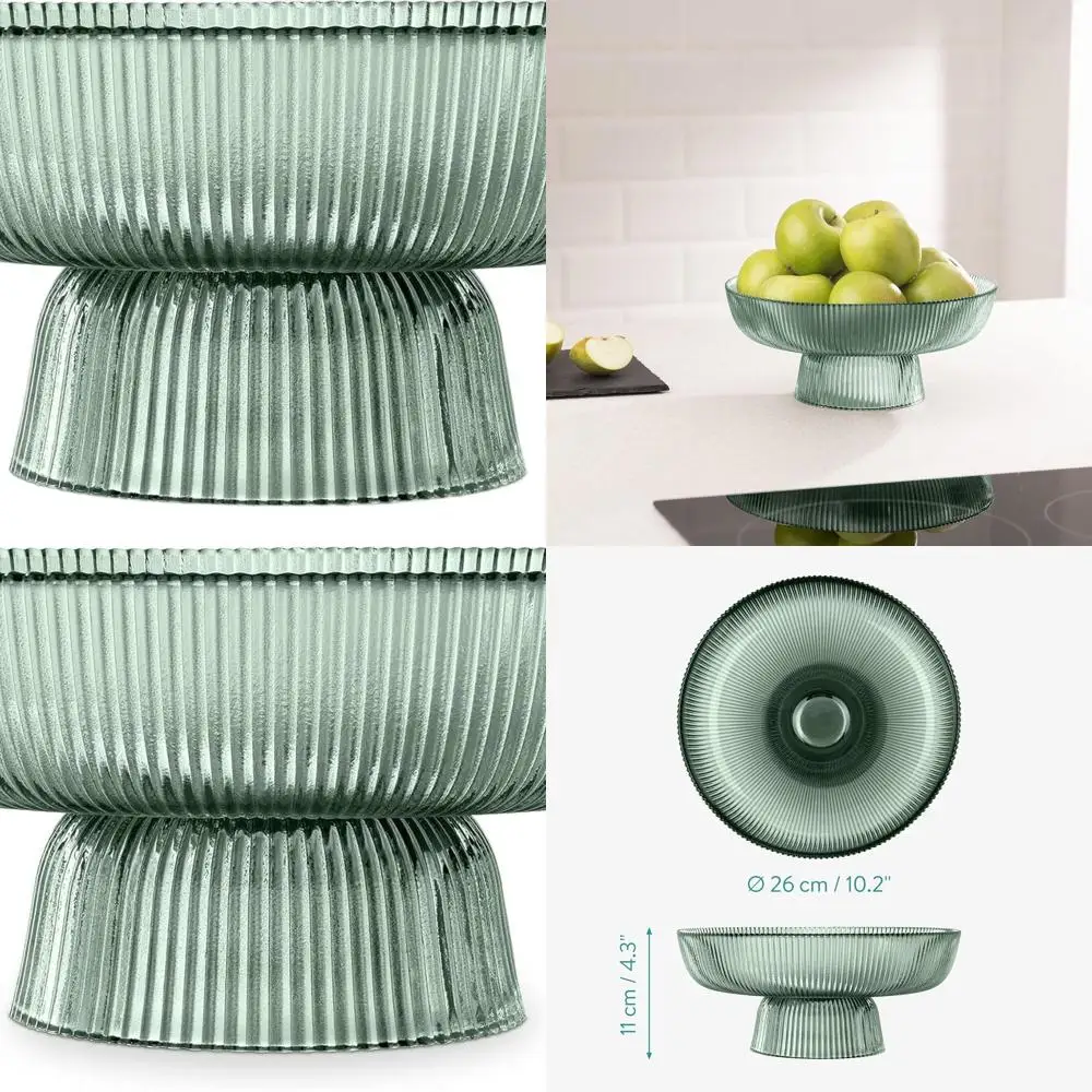 

Decorative Green Fluted Glass Bowl - 10.2 Diameter Centerpiece for Snacks, Candy, and Decor