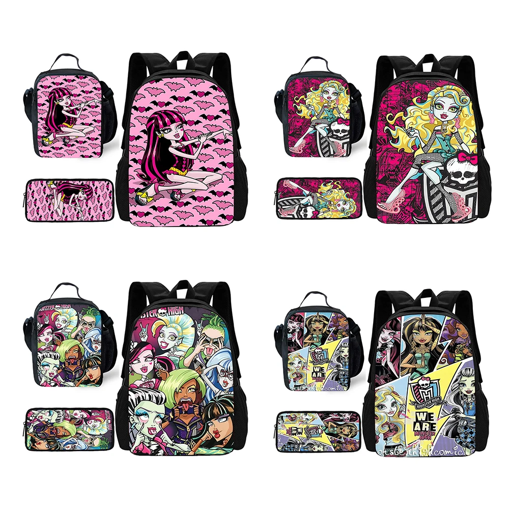 Mochila escolar infantil Anime Monsters High com lancheiras, bolsas para lápis, bolsas escolares para meninos e meninas, melhor presente