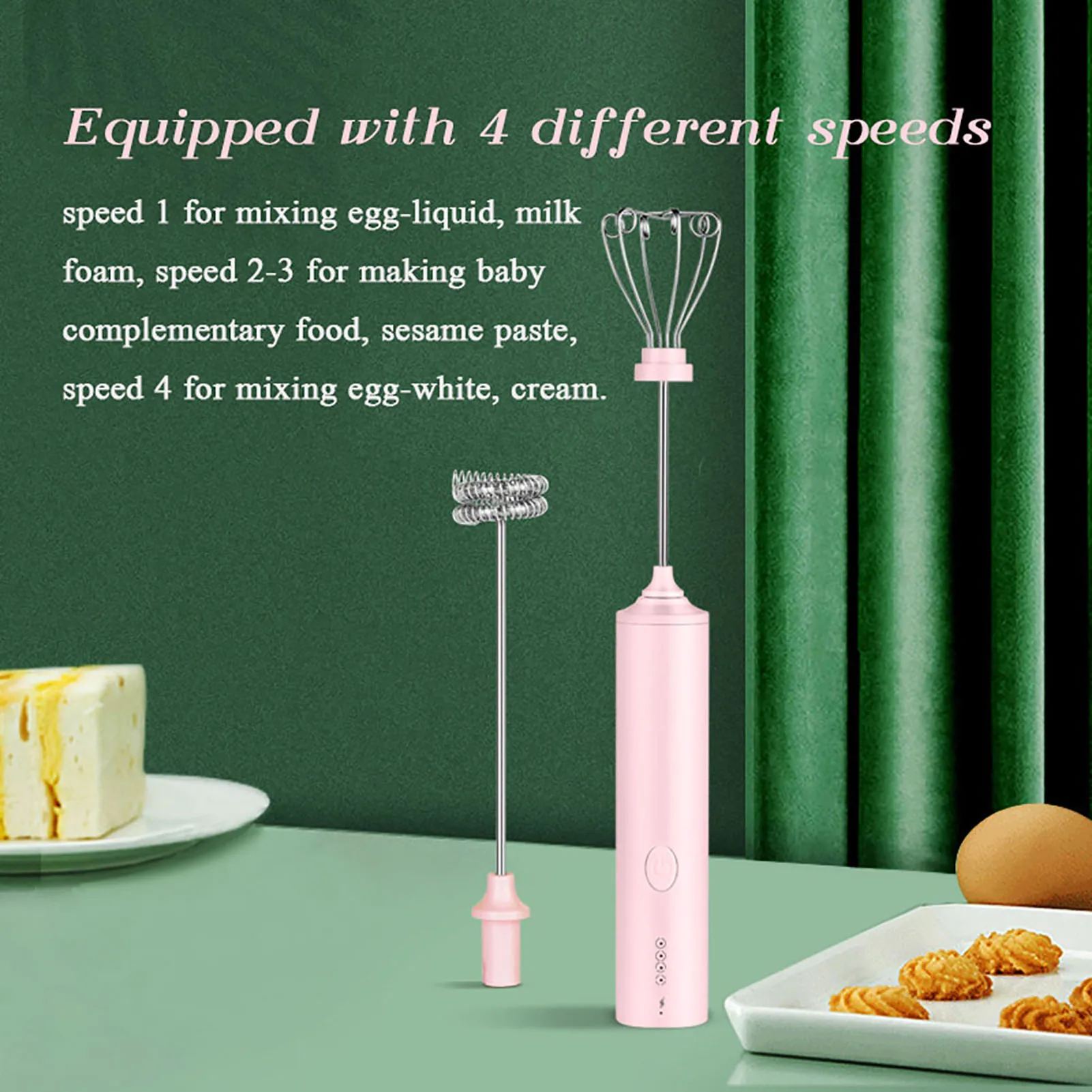 خلاط طعام كهربائي منزلي لاسلكي 4 سرعات قابل للتعديل أداة مزج يدوية لخافق البيض خلاط متعدد الوظائف